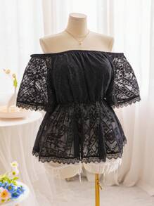 Soleia Top de línea A con textura de encaje negro para mujer de talla grande con tela semitransparente de hombros descubiertos y cintura ajustada con dobladillo de encaje, estilo de vacaciones