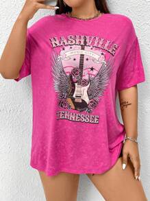 Flirla Plus Size Women's Summer Loose Fit Casual T-Shirt With Round Neck, Drop Shoulder Sleeves, Letter And Wing Print - Hot Pink - View 3