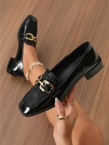 女士黑色网眼乐福鞋、粗跟穆勒鞋、休闲方头皮鞋 - 黑色 - 查看 1