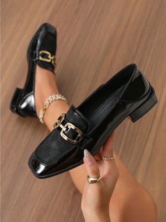 Women's Black Mesh Loafers, Chunky Heel Mules, Casual Square Toe Leather Shoes