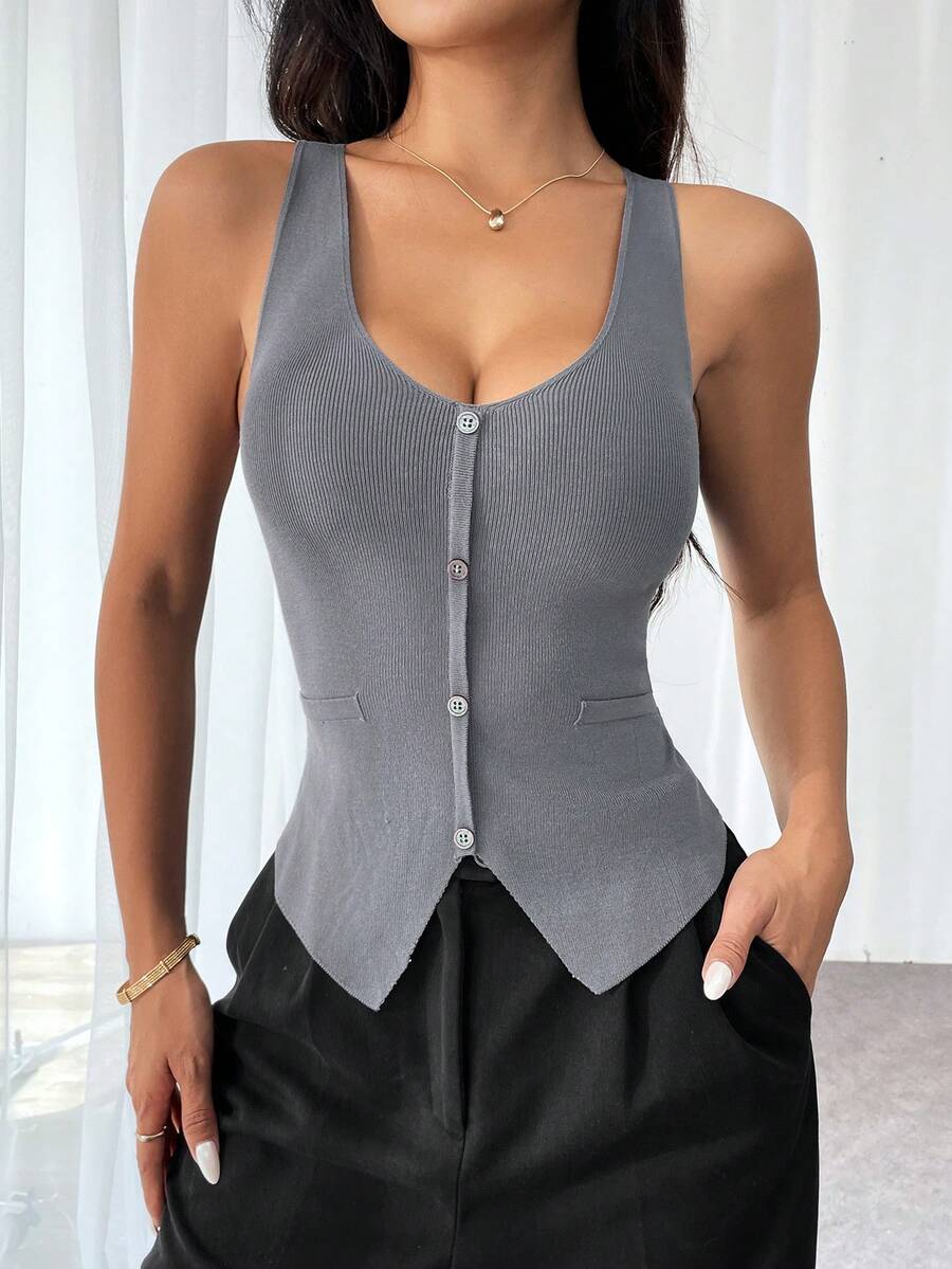 SHEIN Privé Haut gris en crochet avec décolleté en v pour femmes et fente avant - Gris pâle - Voir 1