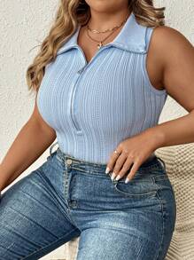 SHEIN LUNE Women's Plus Size Sleeveless Knitted Zipper Half Placket Tight Top, Summer - Blue - View 7