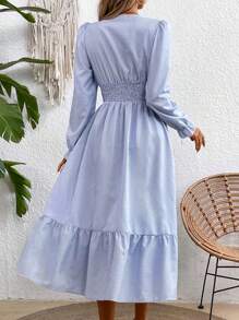 SHEIN LUNE Robe élégante d'été pour femme à manches évasées et col en V à rayures longues - Bleu et Blanc - Voir 2