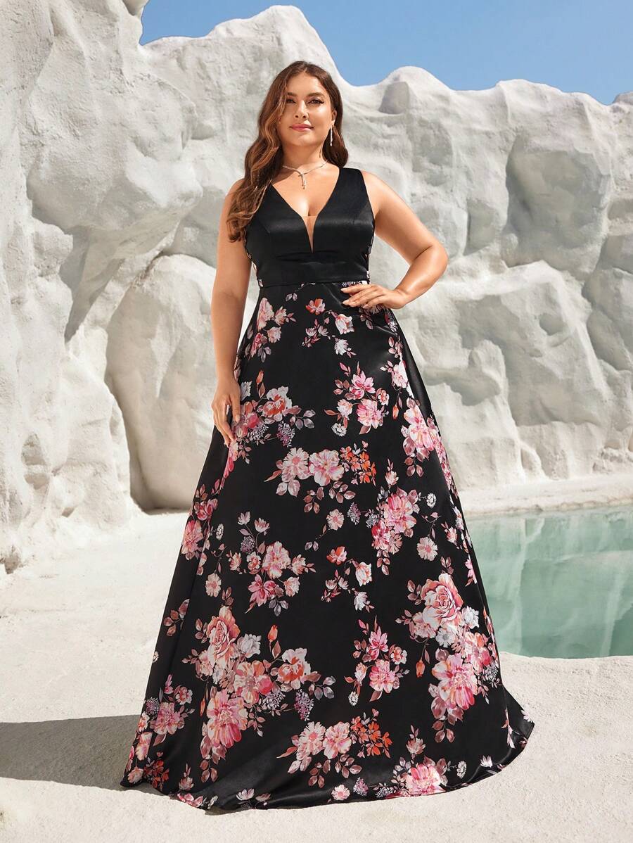 SHEIN Belle Plus Size Black Floral Deep V-Neck Big Swing Elegant Evening Dress With Side Slit, Perfect For Holiday Or Formal Occasions Prom Wedding Guest Gown, For Graduation, Dinner Party Dress - Multicolor - View 1
