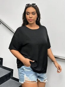 SHEIN EZwear Camiseta de verano de talla grande para mujer de unicolor con cuello redondo, ajuste holgado, hombros caídos y sensación fresca - Negro - Ver 7