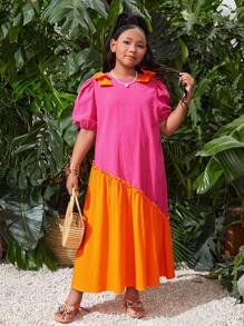 SHEIN 少女加大碼寬鬆休閒泡泡袖拼接彩塊中長款連衣裙，圓領設計