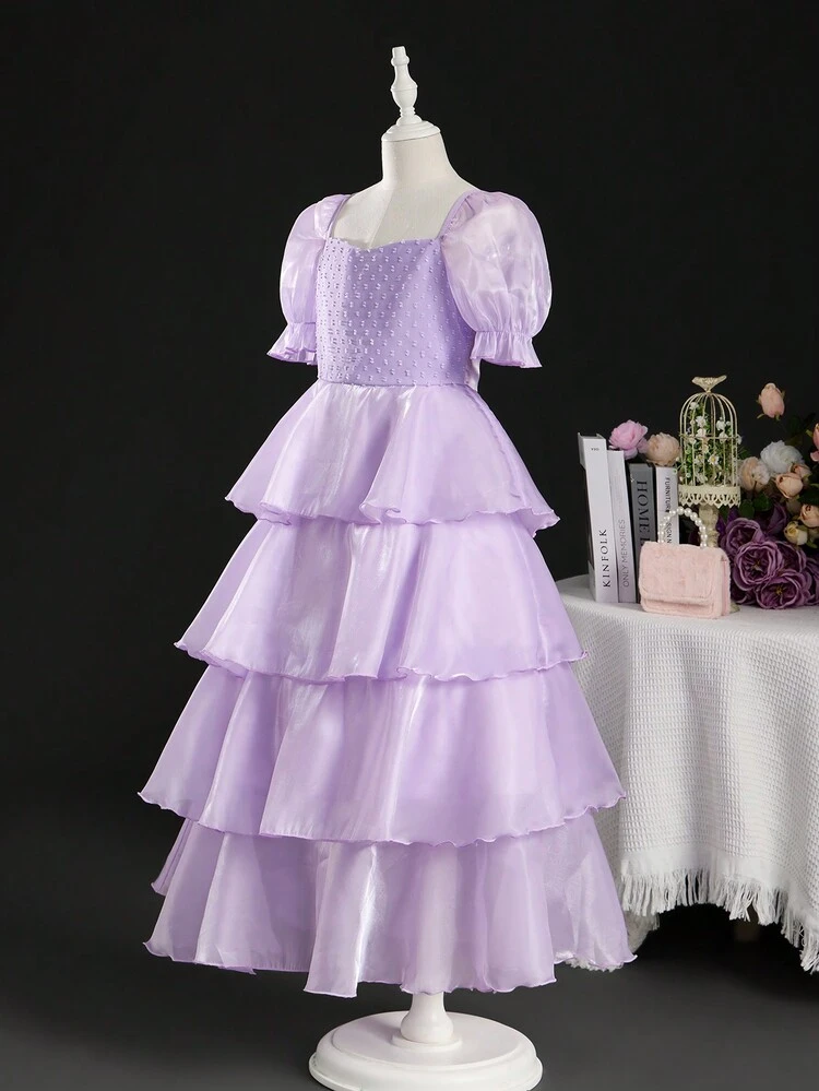 Tween Girl Puff Sleeve Square Neck Polka Dot Jacquard Layered Cake Dress For Wedding, Party Or Birthday