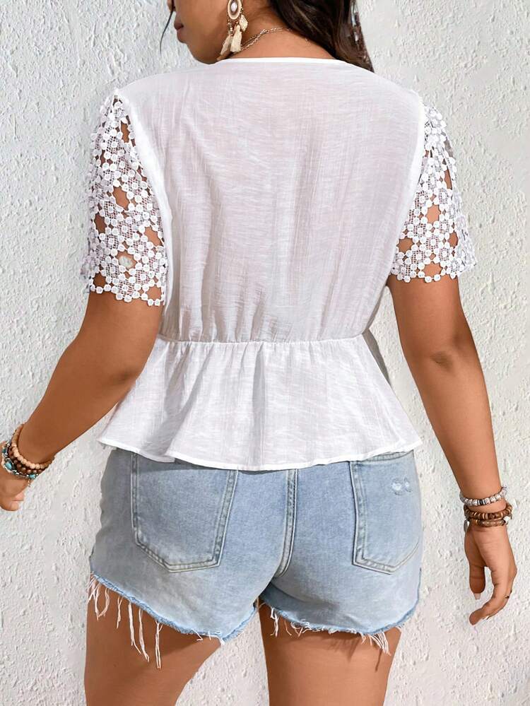 Plus Size Women's Solid Color Deep V-Neck Lace Trim Short Sleeve Top With Waist Tie And Ruffled Hem For Summer