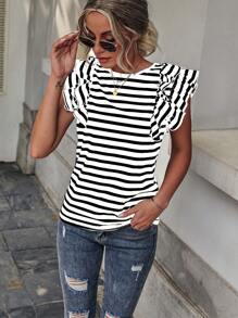 Opuloom Women's Summer Casual Striped Round Neck Cap Sleeve Tee Graphic Tees Women Tops - Black and White - View 6