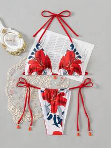 SHEIN Swim Women's Summer Beach Floral Print Halter Strap Sexy Bikini Set