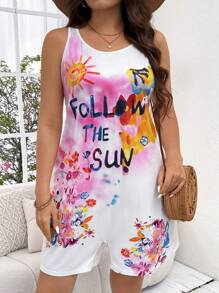 Flirla 大碼夏季花卉和字母印花連身褲，無袖上衣設計 - 彩色 - 查看 5
