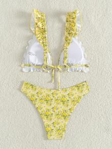 SHEIN Swim Bộ Bikini Đi Biển Mùa Hè Họa Tiết Hoa Chắp Vá Ruffle Trim Gợi Cảm, In Ngẫu Nhiên - Nhiều màu - Xem 2