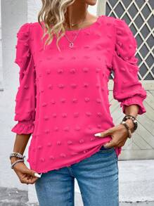 EMERY ROSE Camisa casual de vacaciones para mujer de unicolor con mangas abullonadas, parte superior de manga tres cuartos