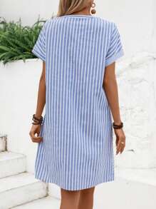 EMERY ROSE Women's Summer Striped Color Block Asymmetrical V-Neck Short-Sleeve Dress - Blue and White - View 2