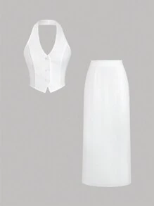 SHEIN Unity 夏季單排扣雙肩帶上衣和裙子套裝 - 白色 - 查看 1