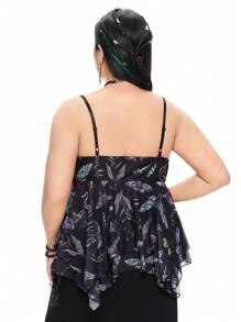 ROMWE Goth 大码夏季哥特式神秘蛇与花卉网眼全身印花对比蕾丝缎带蝴蝶结不对称性感吊带背心