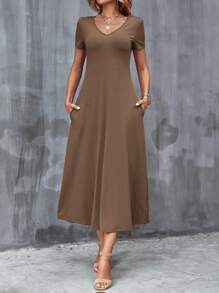 SHEIN Clasi 女士夏季休閒純色束腰連衣裙 - 摩卡棕 - 查看 4