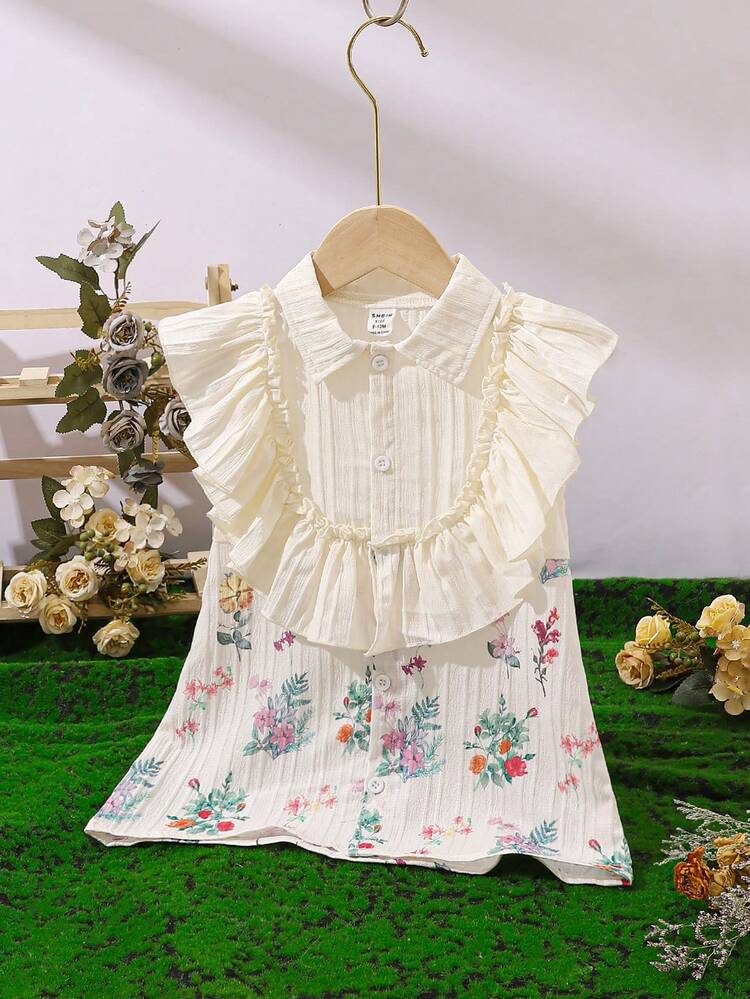 Baby Girl Summer New Casual Elegant Vintage Style Dress With Ruffle Collar, Front Button Closure & Floral Digital Print