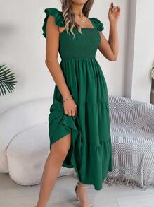 New Summer Square Neck Dress Tiered Smocked Backless Sleeveless Pure Color Midi Slip Beach Cover Up Resort Ready Womens Vacation Darkgreen Sundress - Màu xanh lá cây đậm - Xem 4