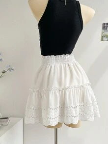SHEIN Privé 女款白色刺繡花邊A字迷你裙，夏季款 - 白色 - 查看 8