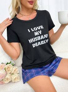 Conjunto de ropa de hogar para mujer con camiseta de manga corta impresa con eslogan y shorts de cuadros