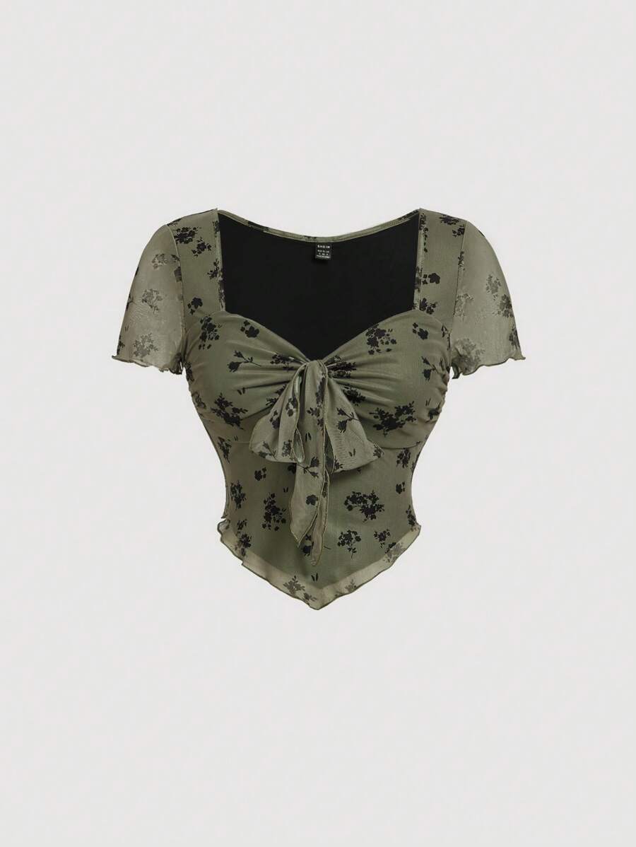 SHEIN MOD Green Retro American Style Rope-Tied Women's T-Shirt, Summer Women Vintage Clothes Concert Women Outfit