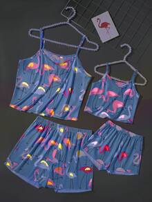 2 peças Conjunto de Pijama com Alças Finas e Shorts com Estampa Simples de Flamingo para Meninas - Multicolorido - Visão 7