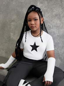 SHEIN Tween Girls Extended Size Street Fashion Knitted Round Neck Short Sleeve T-Shirt With Fingerless Gloves, Spring/Summer - Black and White - View 4