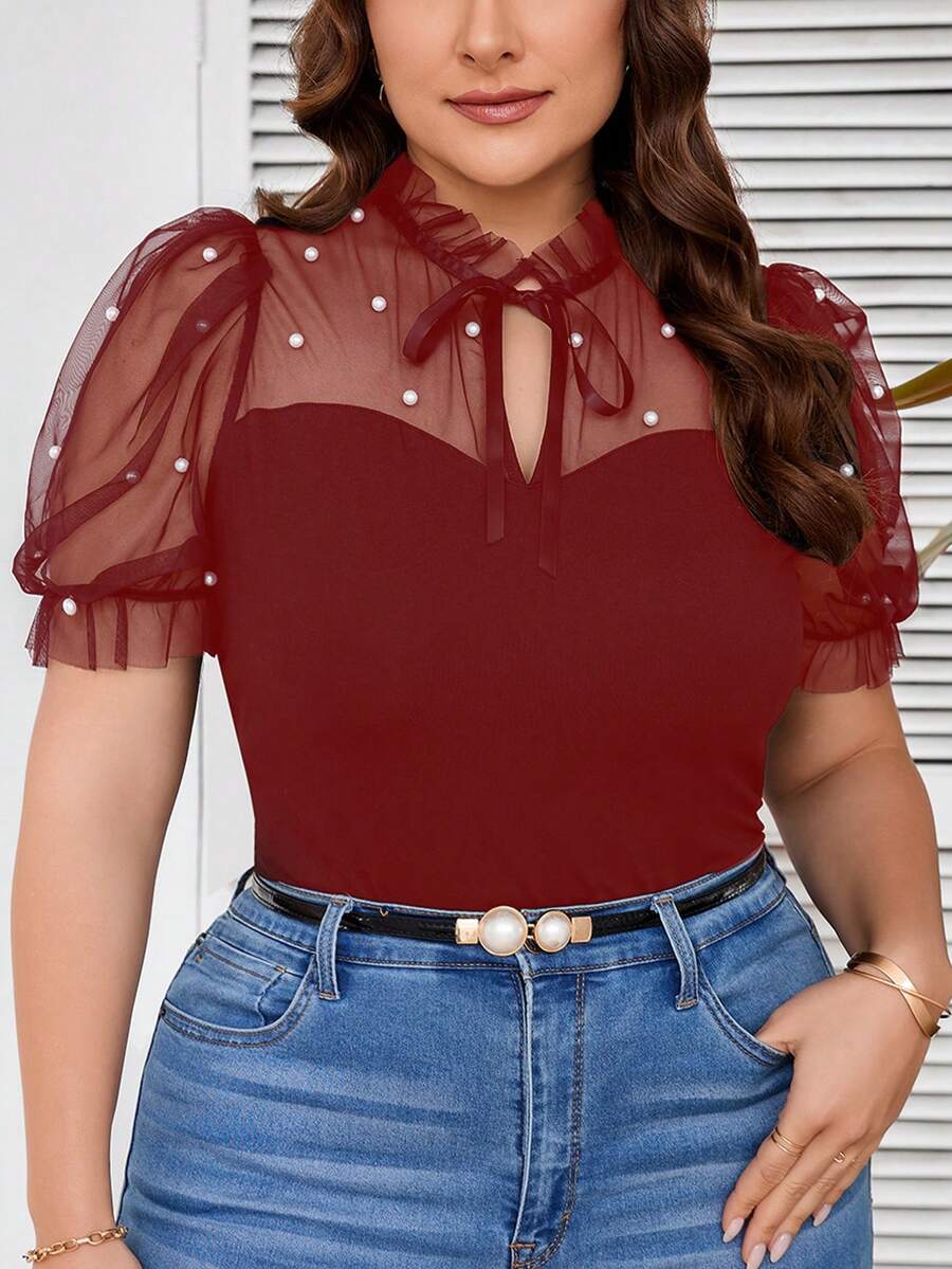 SHEIN Clasi Áo thun nữ tay ngắn thanh lịch cỡ lớn với viền lưới và diềm xếp nếp, cổ buộc và thiết kế chắp vá cho mùa hè - Màu Đỏ Sâu - Xem 1