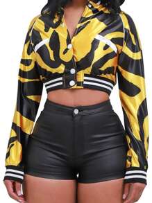 女士纯色休闲涂层短裤，性感街头风格，秋冬 - 黑色 - 查看 5