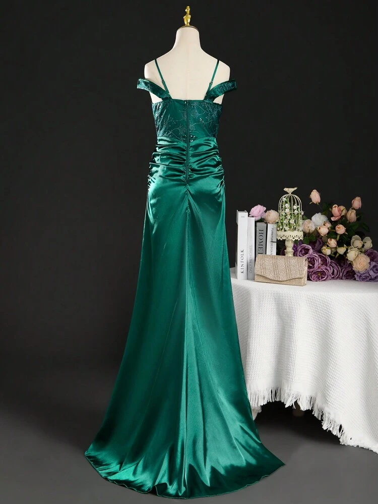 Wedding Season Off-Shoulder Strap Sequin & Lace Decorated High-End Glossy Formal Dress For Wedding, Party And Birthday Celebration