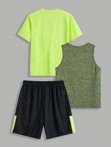 Juego de ropa deportiva casual para adolescente incluye 3 piezas: camiseta con estampado de fútbol de manga corta, top sin mangas con logo impreso y shorts con bloques de color impresos - Multicolor - Ver 2