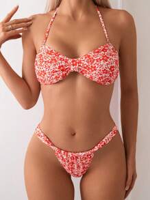 Women's Summer Beach Floral Halter Strap Sexy Bikini Set - Multicolor - View 3