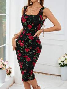 SHEIN VCAY Women's Elegant Holiday Knitted Sexy Red Rose Printed Pattern Classic Sleeveless Summer Dress Style Dress For Women Wedding Dresses Bodycon Long Vintage Dress,Dress To Impress,Vacation Outfits For Women