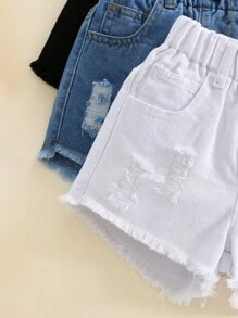 SHEIN 3pcs Baby Girl Fringed Distressed Denim Shorts, Summer,Holiday,Summer,Travel - Multicolor - View 5