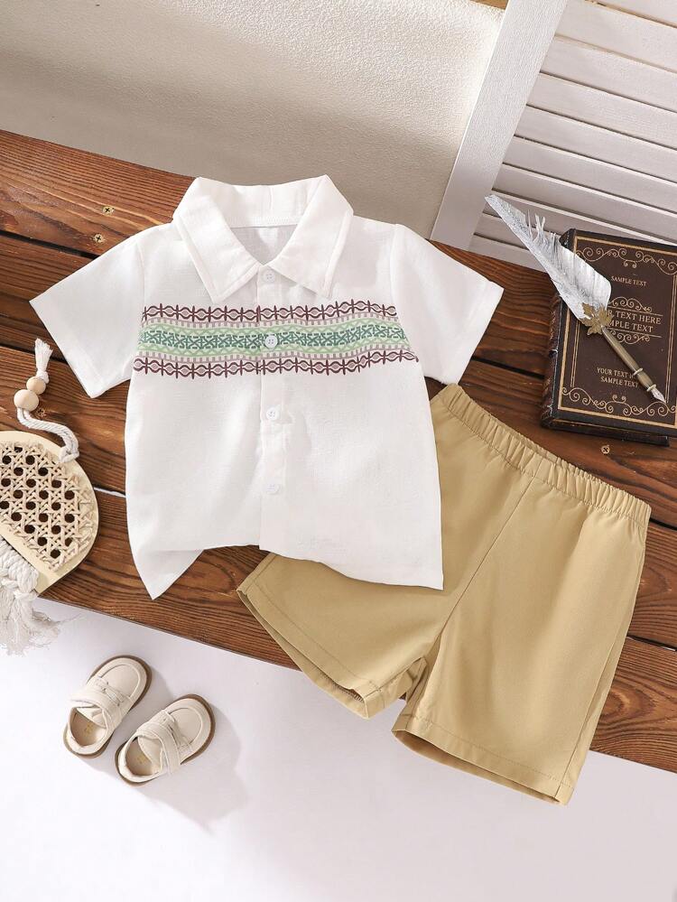 Boys' Fashionable 2pcs Outfit Set, Cute Printed Short Sleeve Top, Summer