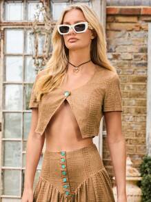 COSMINA Blusa estampada de manga corta para el día a día de mujer - Café integral - Ver 6