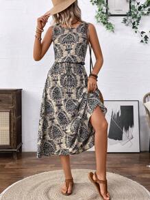 EMERY ROSE Women's Summer Vacation Casual Allover Print Sleeveless Dress Maxi Women Outfit - Navy Blue - View 6