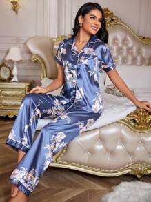 Bắt chước Lụa In hoa Bộ mặc nhà Với Cổ bẻ - Màu xanh hải quân - Xem 5