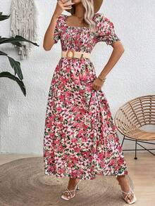 Breezaya 彈性腰身小花裙，A字裙，方領/露肩頸線，公主/氣泡袖，適合海灘度假/日常穿著 - 彩色 - 查看 3