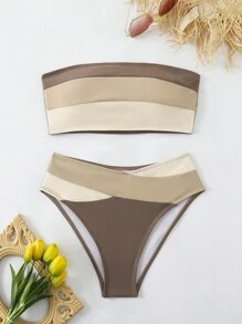 Swim Vcay Trajes de baño para mujer Conjunto de bikini sexy bandeau con bloque de color para playa de verano