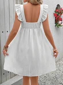 SHEIN VCAY Váy có đường viền cổ vuông mùa hè dành cho nữ Váy có mũ tay xếp nếp có họa tiết hoa thêu và thiết kế váy chữ A để mặc thường ngày và đi nghỉ - trắng - Xem 2
