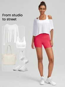 GLOWMODE 4.3" FeatherFit™ Mesh Crossover Biker Shorts Light Support Yoga Pilates Studio Gym Daily - Tropical Pink - View 7