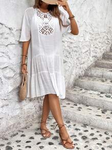 Chiquease Vestido de corte veraniego elegante y conciso para mujeres con corte, bordado y flecos en la cintura - Blanco - Ver 4