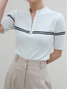 Dazy-Less Women's Zipper Half Placket Striped Short Sleeve Business Casual Knit Top Old Money Style - White - View 6