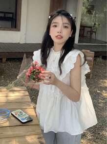 夏季女士荷叶袖衬衫，时尚甜美上衣，独特设计，完美可作外穿或内衣休闲穿着 - 白色 - 查看 1