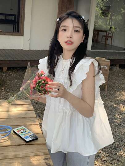 夏季女士荷叶袖衬衫，时尚甜美上衣，独特设计，完美可作外穿或内衣休闲穿着