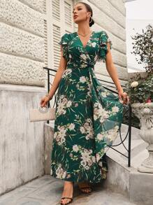 SHEIN Belle 优雅花卉印花荷叶边裹身 V 领女士正式晚会礼服舞会婚礼宾客礼服，适合毕业典礼、晚宴、圣诞节 - 綠色 - 查看 4