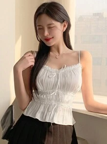 DAZY 女士纯色荷叶边下摆褶皱胸前夏季优雅吊带背心、娃娃装上衣 - 白色 - 查看 9