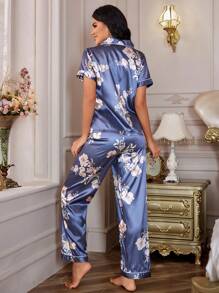 Bắt chước Lụa In hoa Bộ mặc nhà Với Cổ bẻ - Màu xanh hải quân - Xem 2